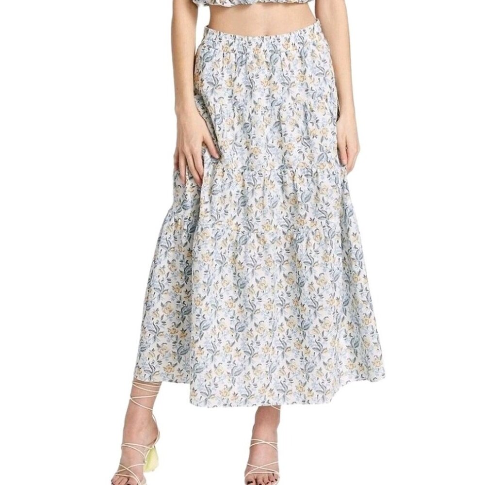 En Saison Maeve Floral Tiered Blue Yellow Print Midi Maxi Skirt - Picture 2 of 8